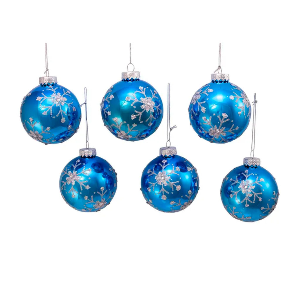 Glass Blue and Silver Glitter Snowflake Ball Ornaments, 6-Piece Set-The Well Appointed House