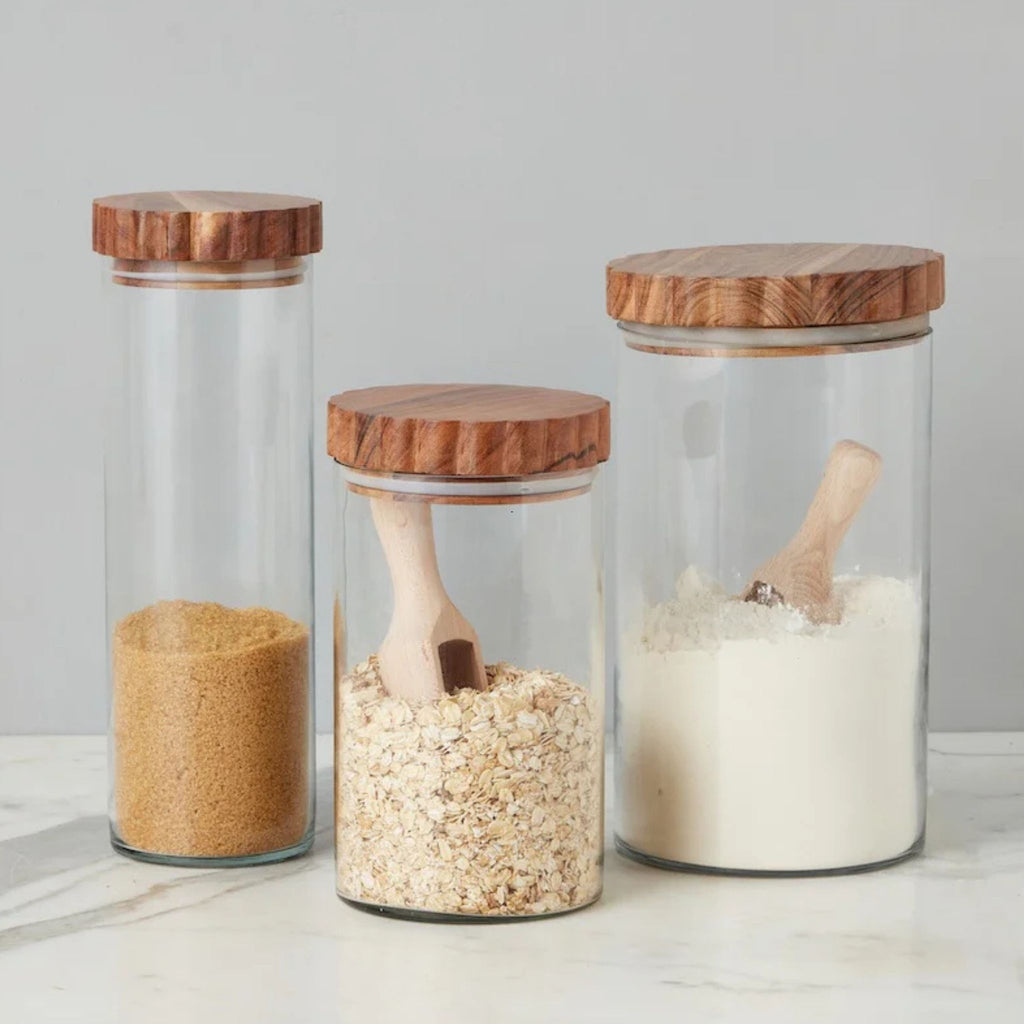 Set of 3 Scalloped Wood Top Glass Canister - The Well Appointed House