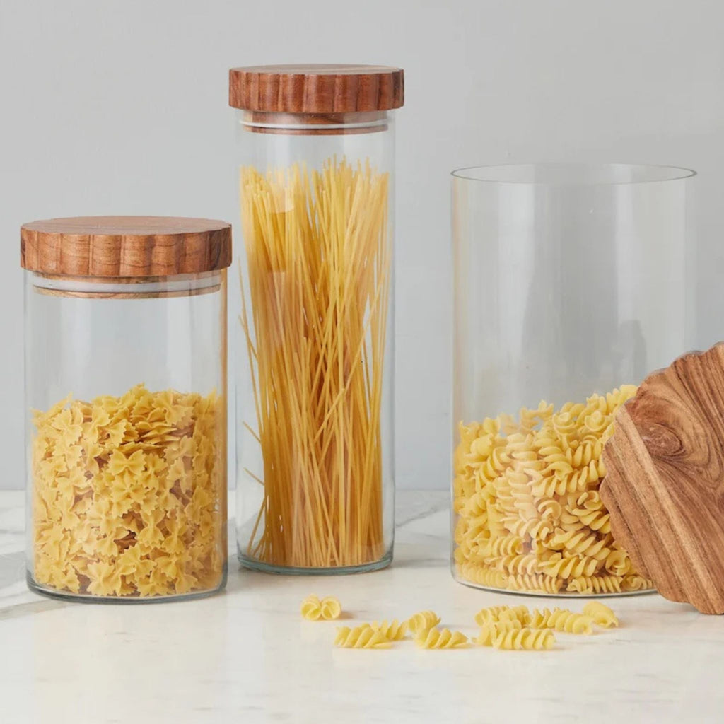Set of 3 Scalloped Wood Top Glass Canister - The Well Appointed House