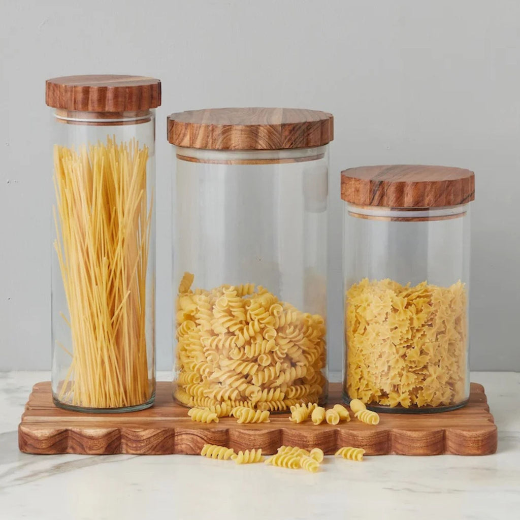 Set of 3 Scalloped Wood Top Glass Canister - The Well Appointed House