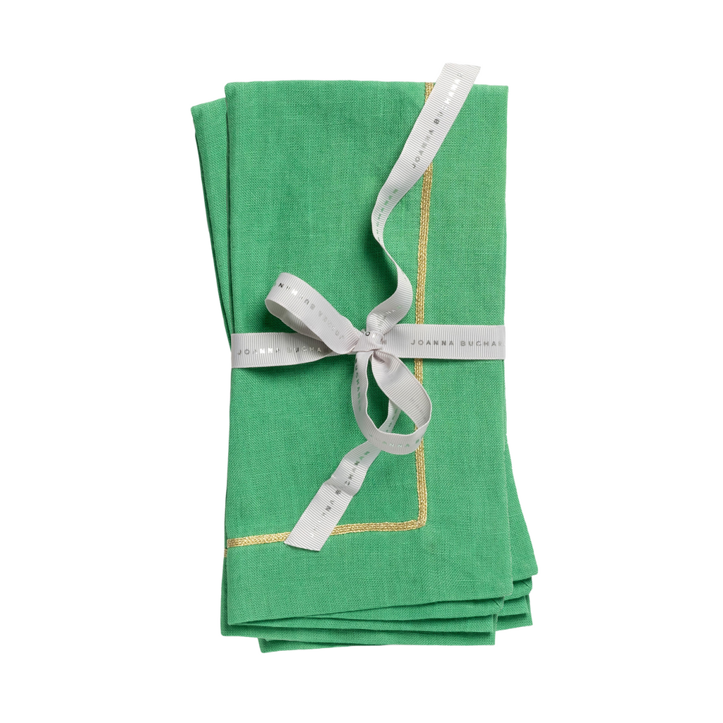 Gold Trim Linen Dinner Napkin,  Grass Green, Set of Two - The Well Appointed House