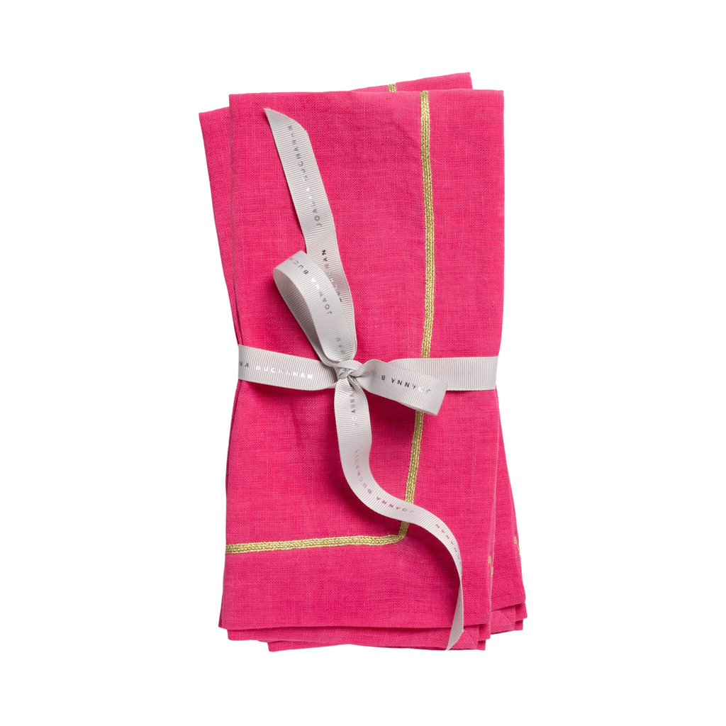 Gold Trim Linen Dinner Napkins, Bright Pink, Set of Two - The Well Appointed House