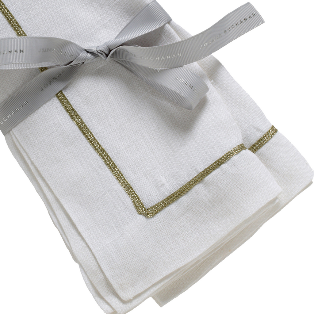 Gold Trim Linen Dinner Napkins, White, Set of Two - The Well Appointed House