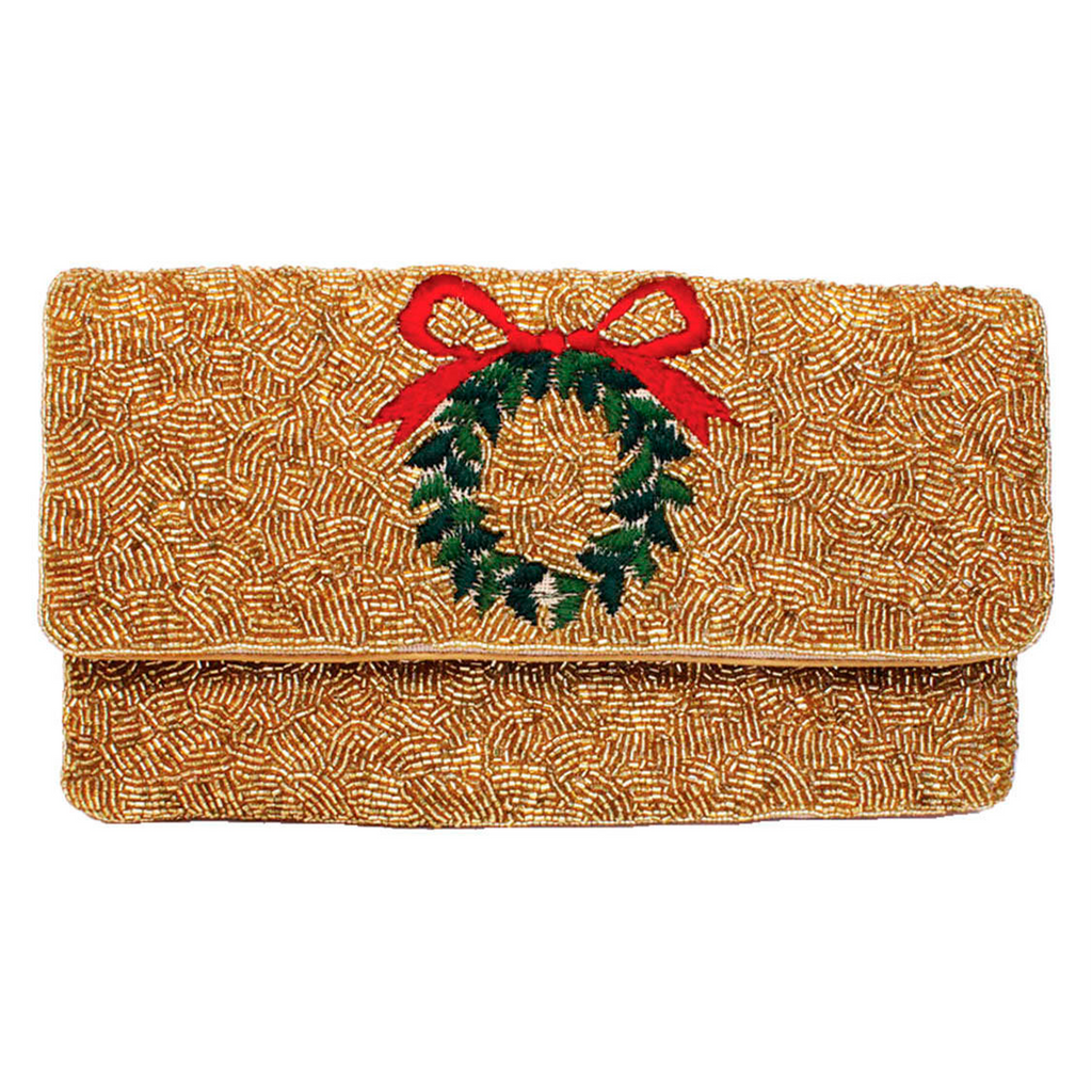 Gold Wreath Red Bow - Beaded Clutch - The Well Appointed House