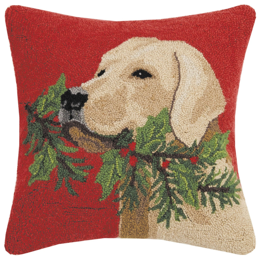 Golden Lab Dog with Holly Branch Hook Pillow - The Well Appointed House 
