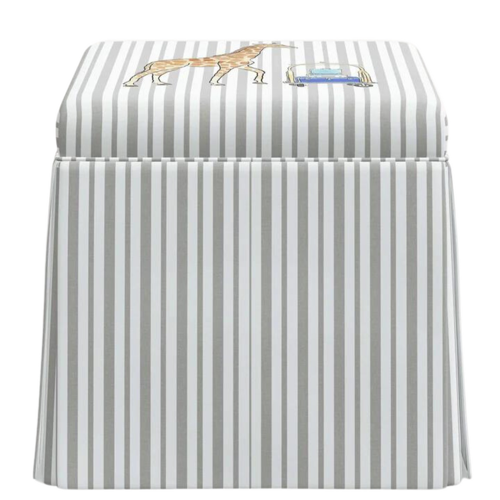 Gray Malin for Cloth & Company Giraffe Stripe Grey Skirted Storage Ottoman for Kids - Little Loves Accent Chairs & Stools - The Well Appointed House