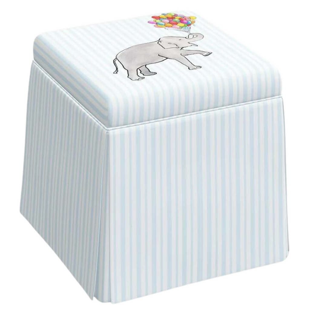Gray Malin for Cloth & Company Elephant Stripe Blue Skirted Storage Ottoman for Kids - Little Loves Accent Chairs & Stools - The Well Appointed House