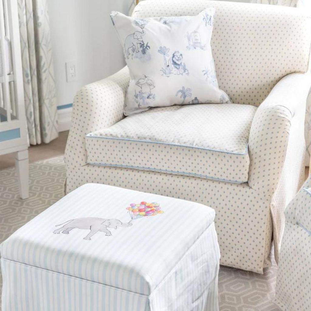 Gray Malin for Cloth & Company Elephant Stripe Blue Skirted Storage Ottoman for Kids - Little Loves Accent Chairs & Stools - The Well Appointed House