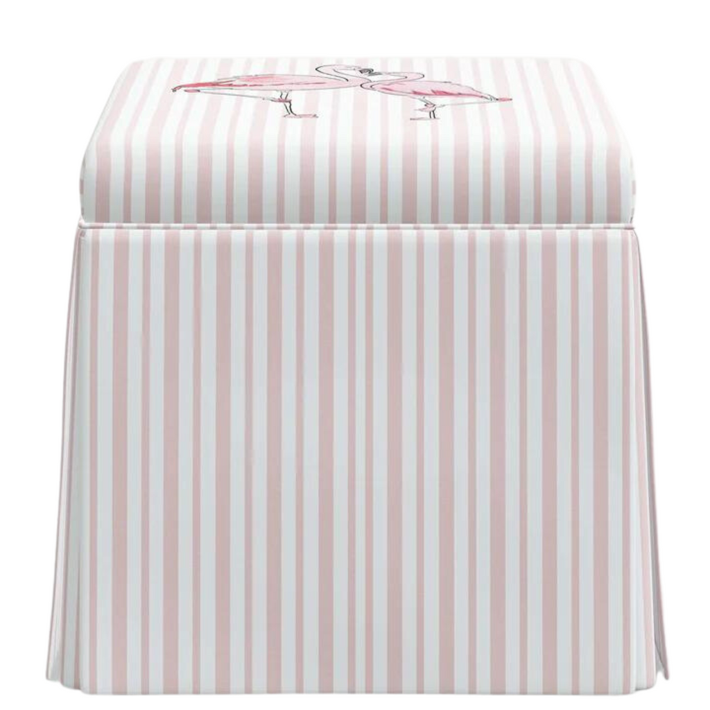 Gray Malin x Cloth & Company Flamingo Stripe Pink Skirted Storage Ottoman - Little Loves Toy Chests & Storage - The Well Appointed House