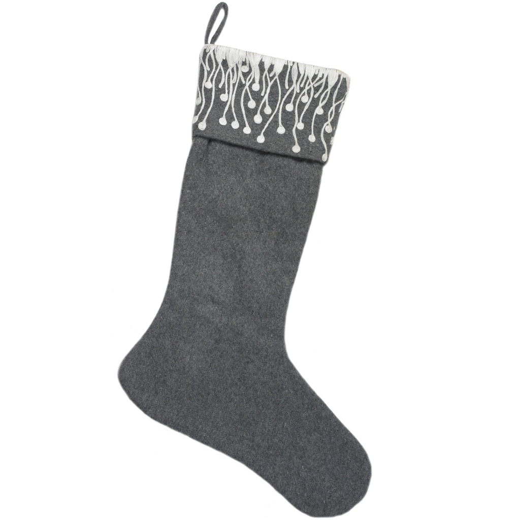 Gray and Cream Wool Christmas Stocking with Flora Embroidered Cuff - The Well Appointed House