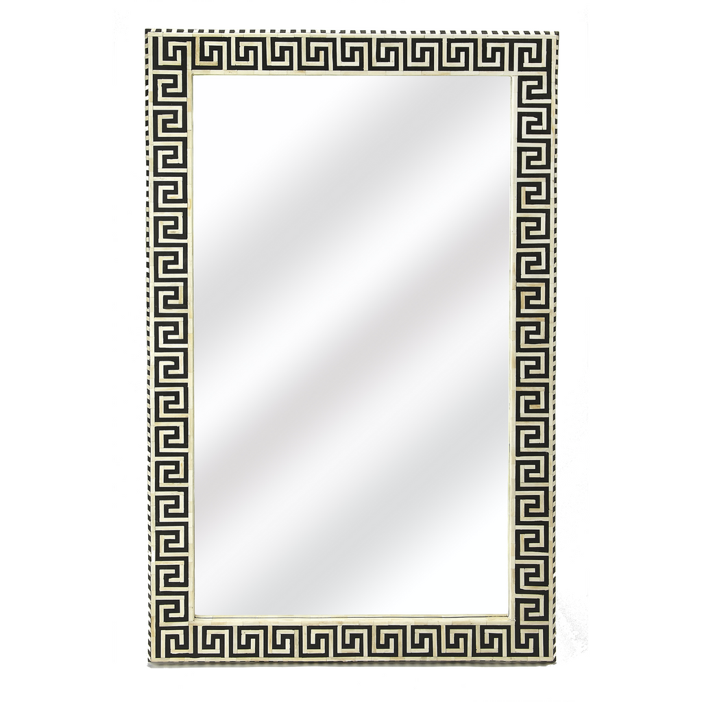 Greek Key Pattern Black and White Bone Inlay Mosaic Wall Mirror - The Well Appointed House