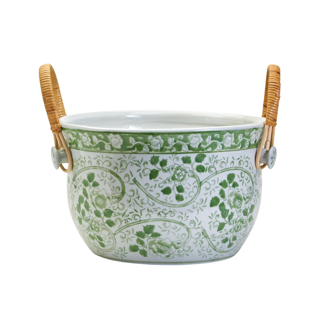 Green & White Ceramic Party Bucket With Cane Handles - Bar Tools & Accessories - The Well Appointed House