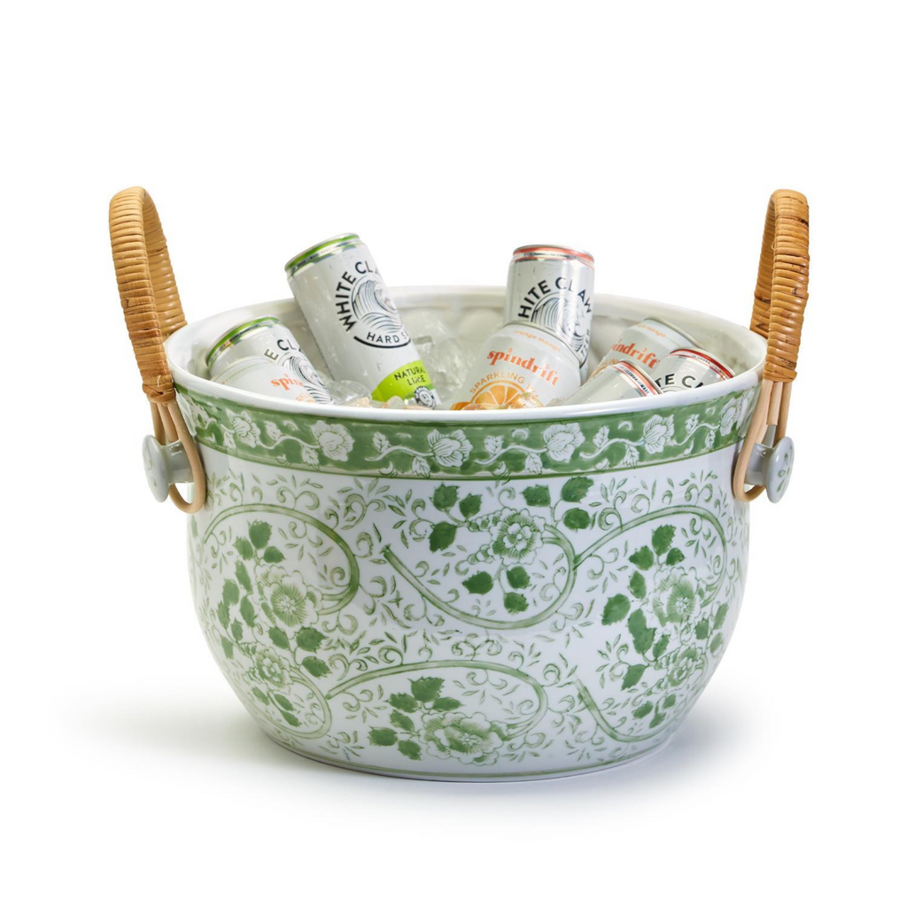 Green & White Ceramic Party Bucket With Cane Handles - Bar Tools & Accessories - The Well Appointed House