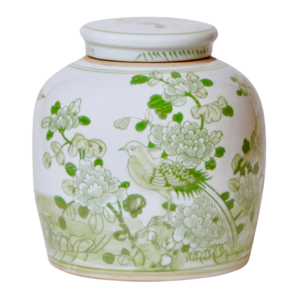 Green and White Lidded Porcelain Jar With Floral Bird Motif - The Well Appointed House