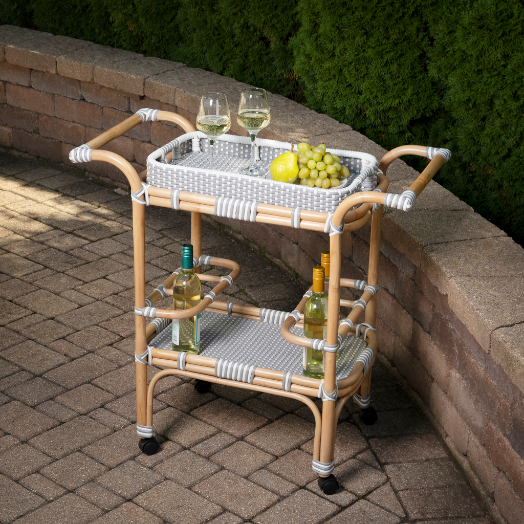 Grey and White Woven Rattan Serving Cart - The Well Appointed House