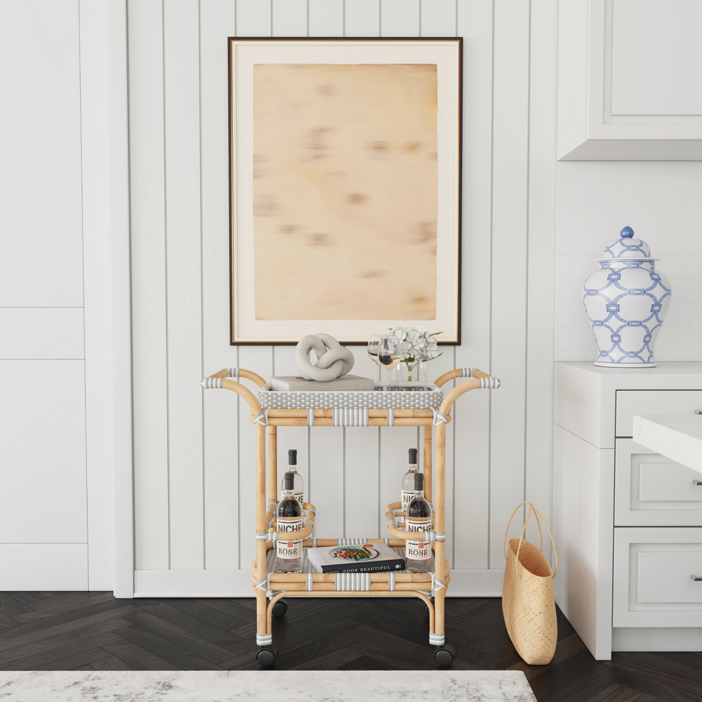Grey and White Woven Rattan Serving Cart - The Well Appointed House