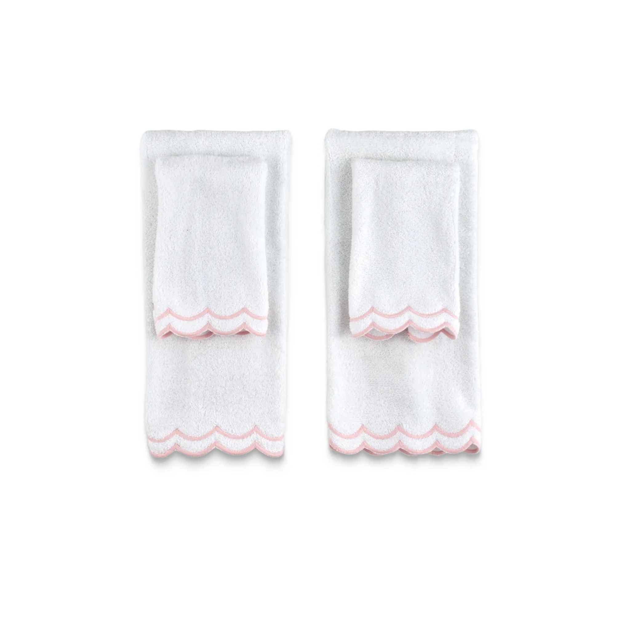 Guest Bundle of White Scalloped Edge Embroidered Cotton Bath Towels Available With Pink Blue Or Green Trim