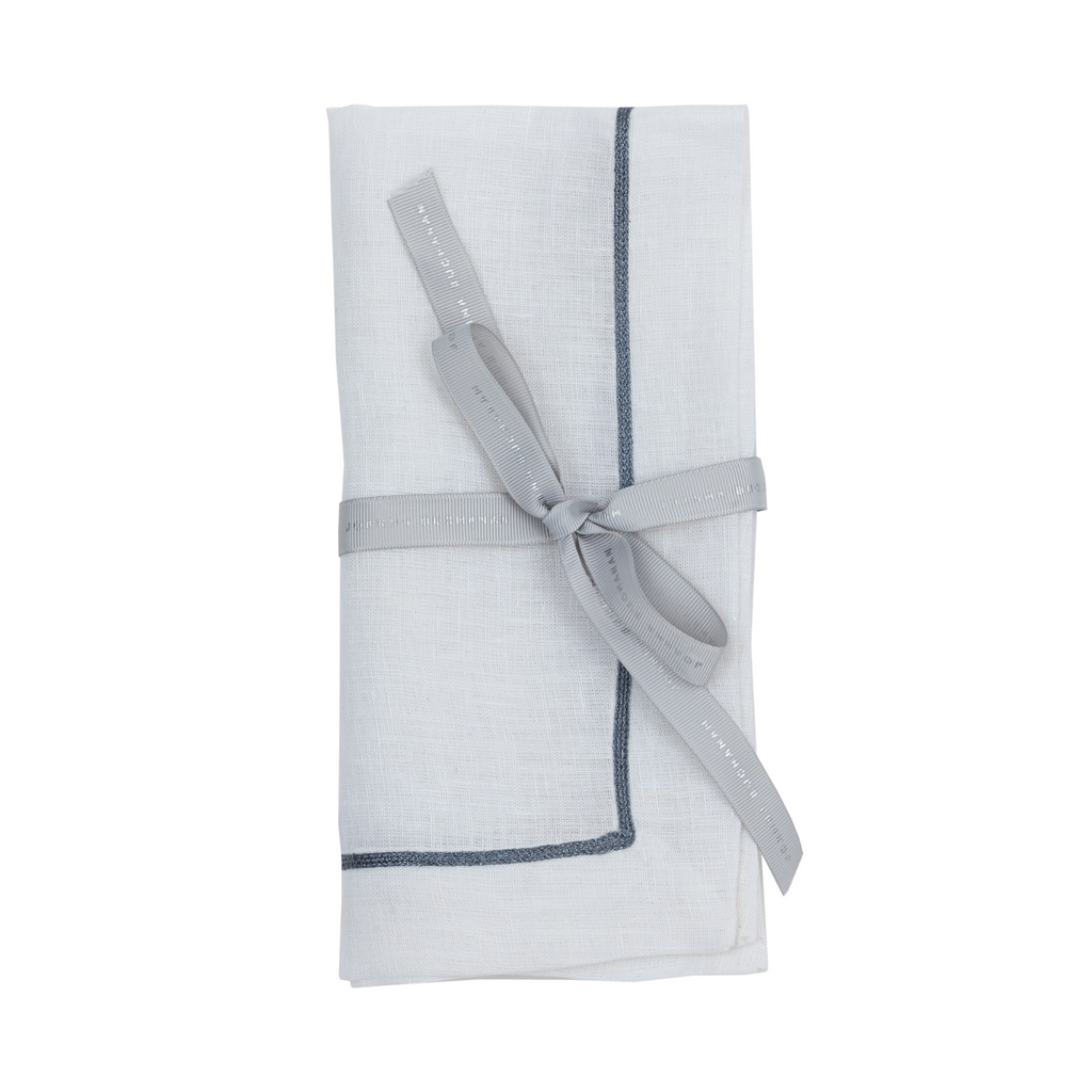 Gunmetal Trim Linen Dinner Napkins, White, Set of Two - The Well Appointed House
