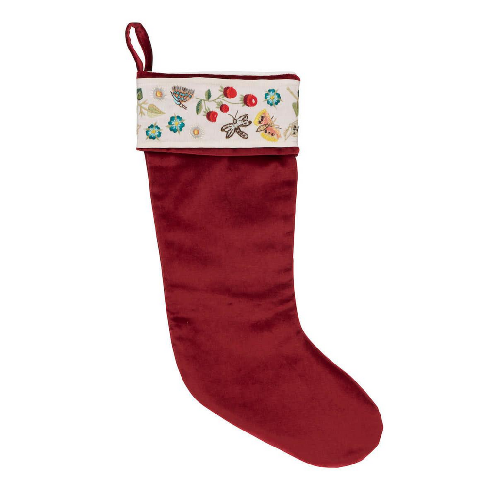Flowers & Butterflies Embroidered Cuff Red Royal Silk Christmas Stocking - The Well Appointed House