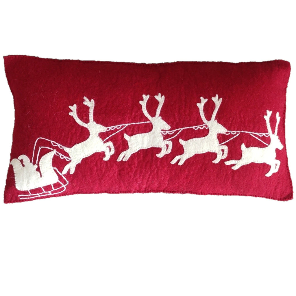 Hand Felted Wool Christmas Pillow - Cream Sleigh and Reindeer Red - The Well Appointed House