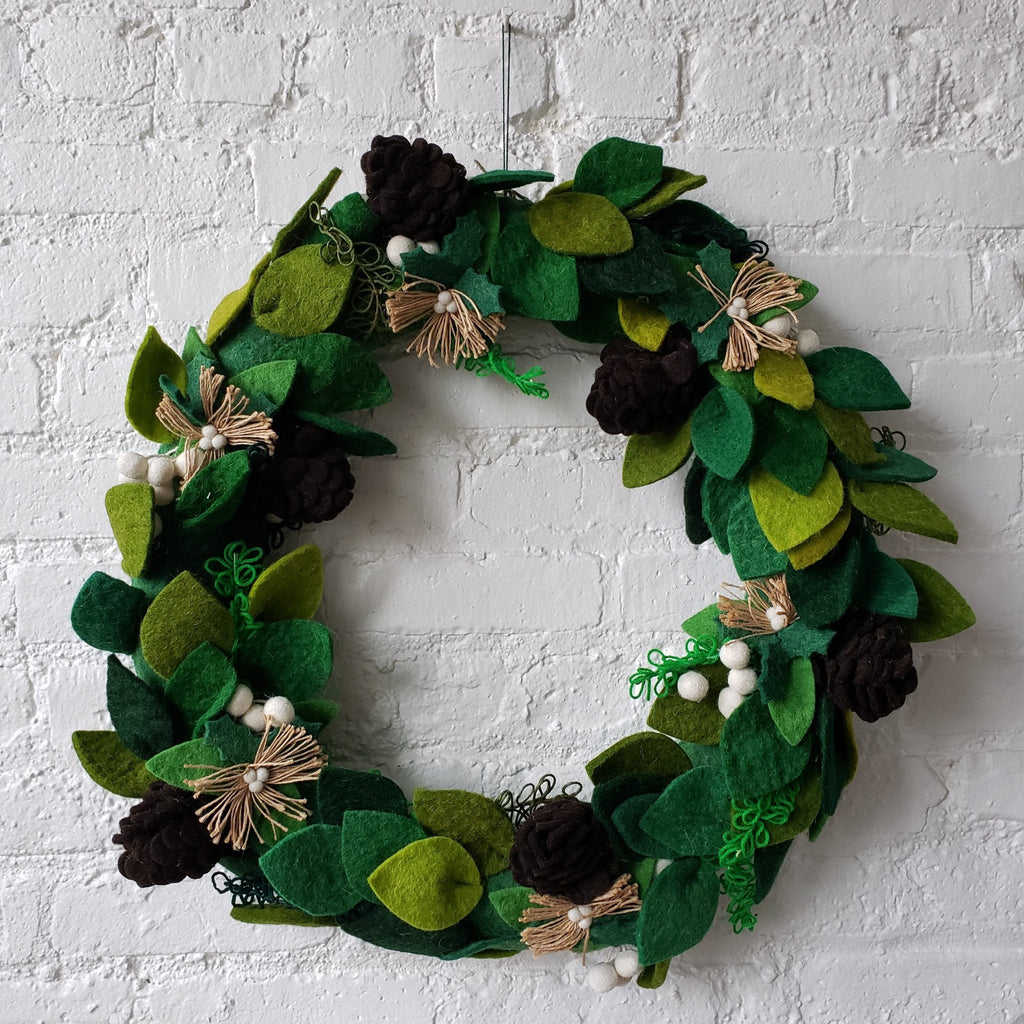 Handmade Hand Felted Wool Wreath -Pink and Green- 14