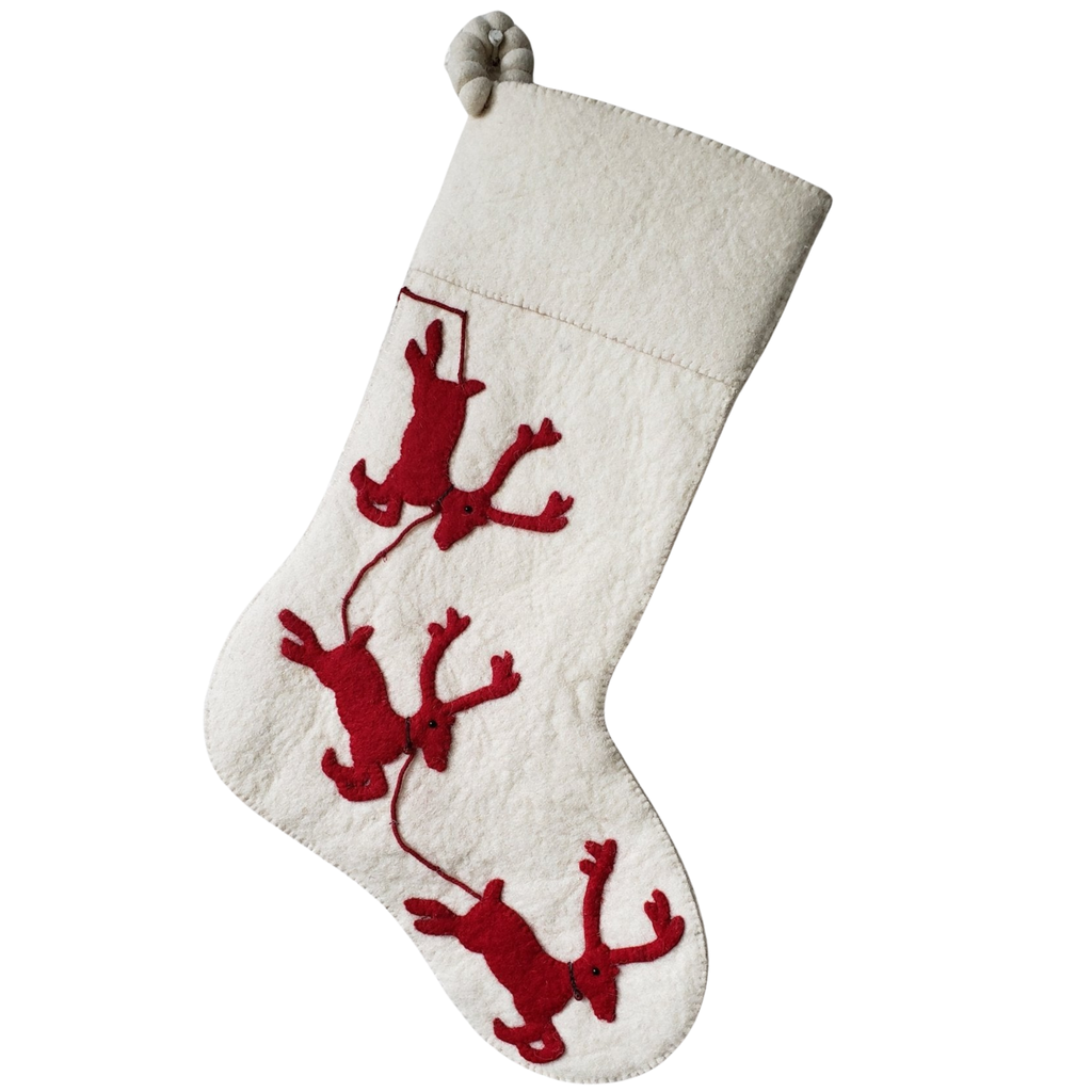 Handmade Christmas Stocking Cream Reindeer Red - The Well Appointed House 