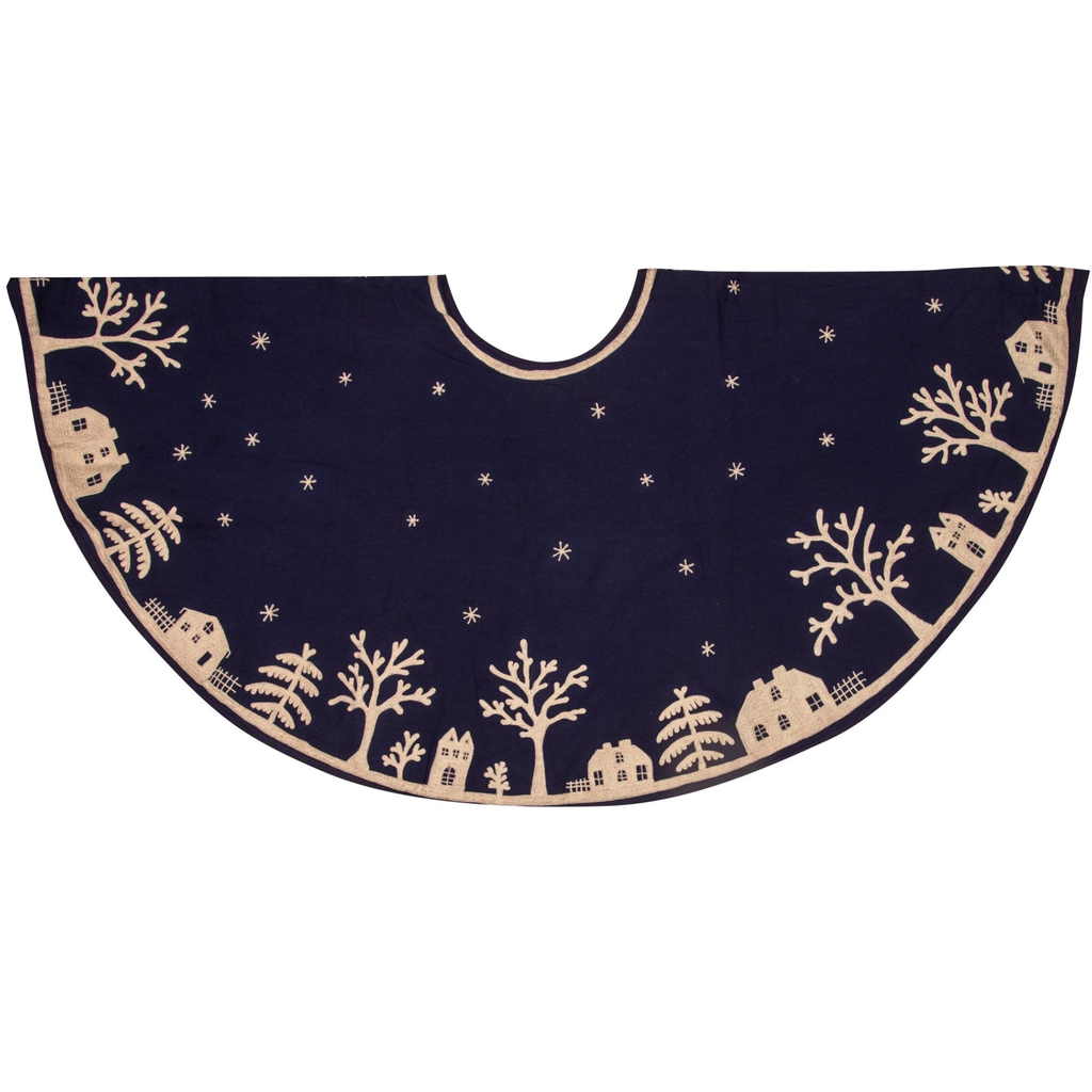 Handmade Cotton Christmas Tree Skirt - Village Scene Navy Blue - The Well Appointed House 
