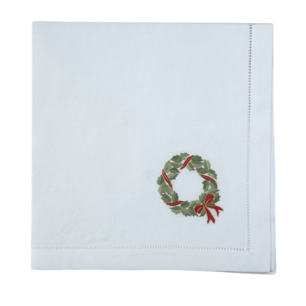 Holly Ribbon Wreath Embroidered Christmas Dinner Napkins - The Well Appointed House