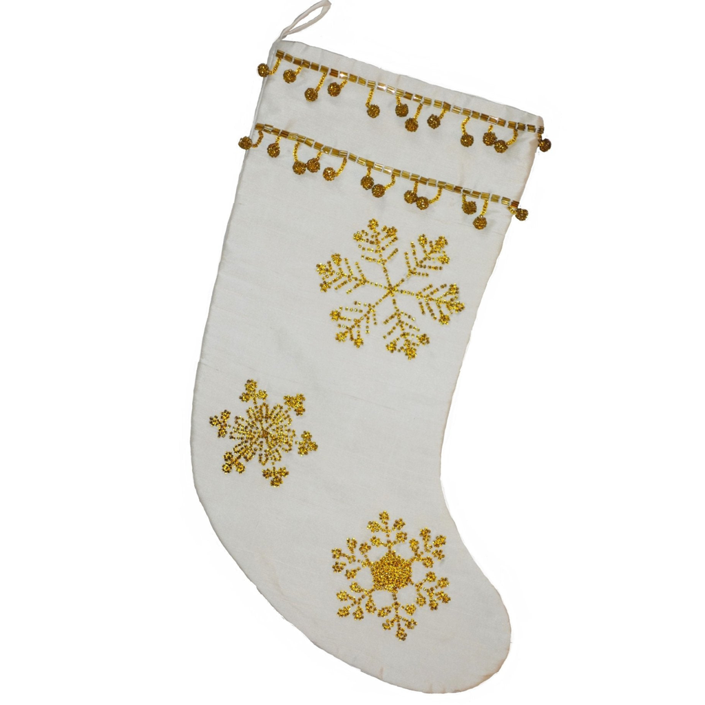 Ivory Silk Christmas Stocking Gold Snowflakes - The Well Appointed House 