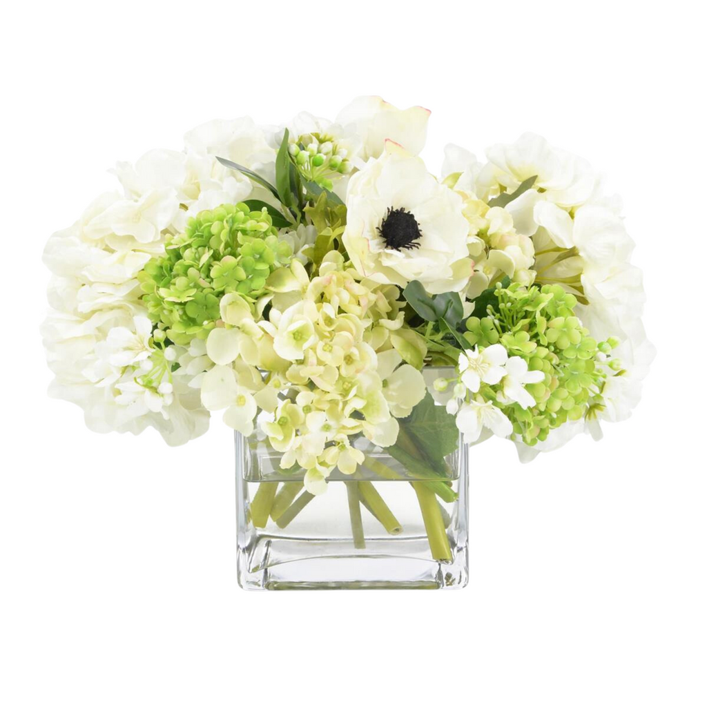 Faux Ivory & Green Floral Bouquet in Glass Cube Vase - The Well Appointed House