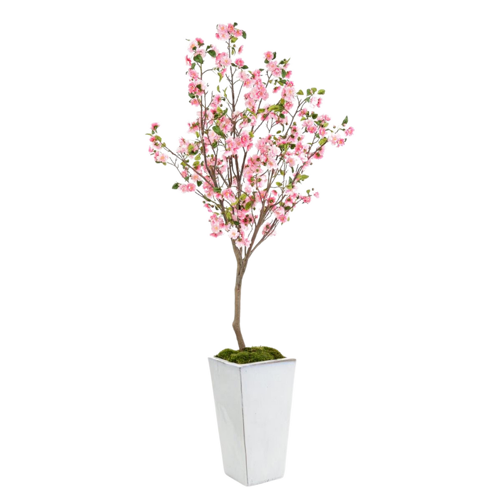 Faux Kwanzan Cherry Blossom Tree in White Pot - The Well Appointed House