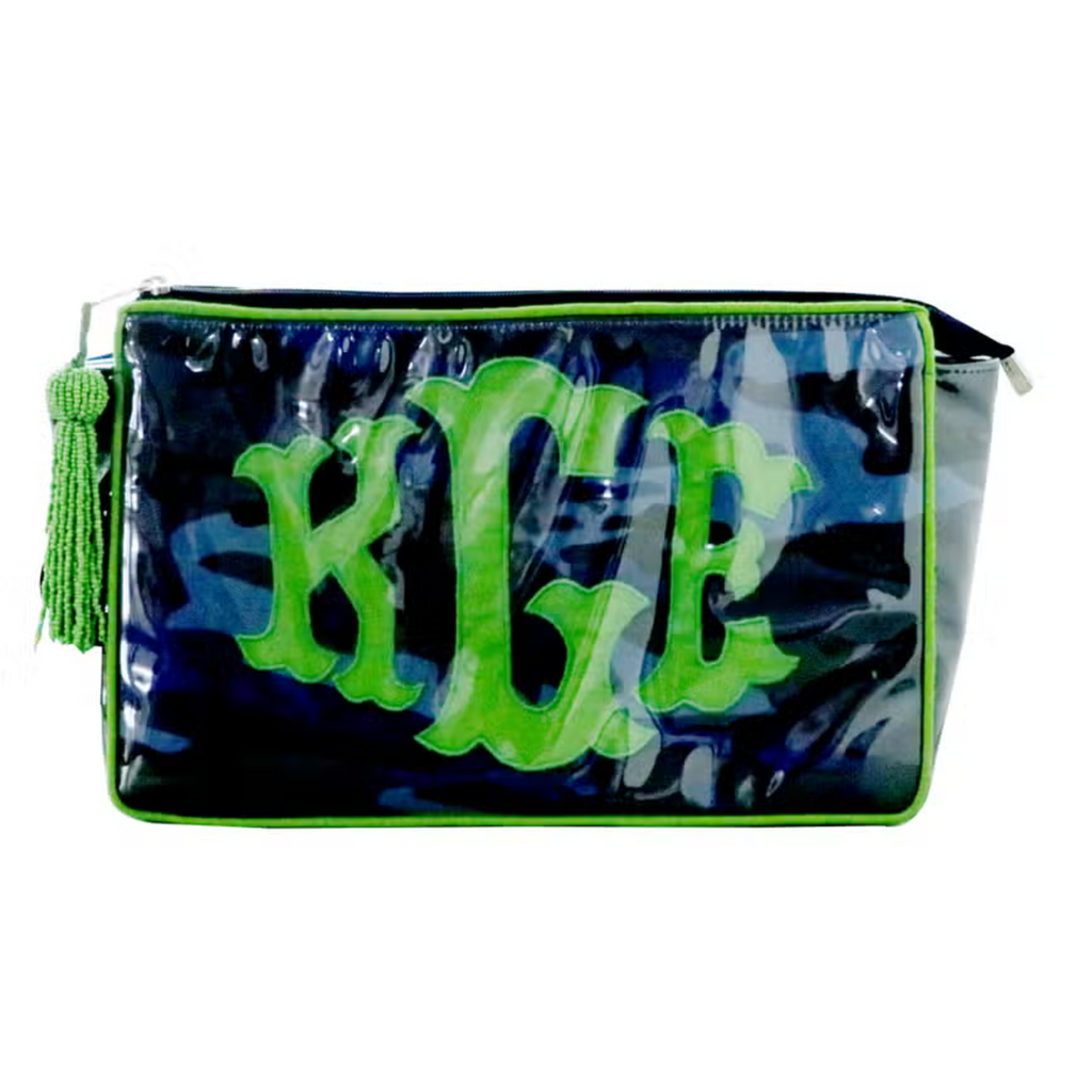 Navy Blue Camo With Lime Green Accents  Monogramable Zippered Pouch - The Well Appointed House