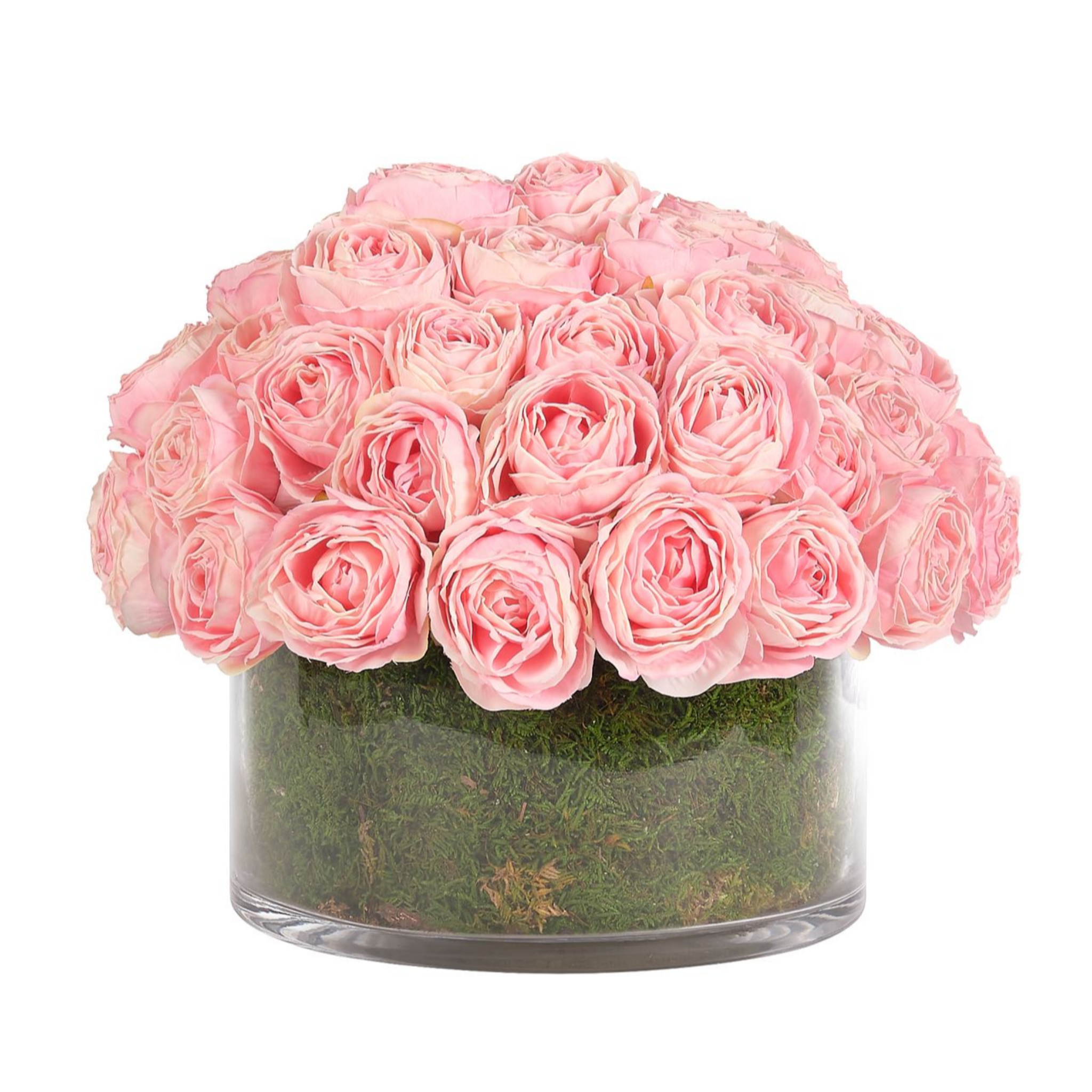 13 Faux Pink Roses With Moss in a Glass Bowl