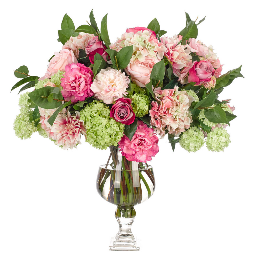 32" Faux Pink Roses & Snowball Hydrangeas in a Glass Vase - The Well Appointed House