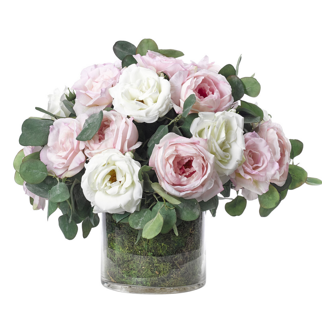 18" Faux Pink & White Roses With Moss in a Glass Cylinder - The Well Appointed House
