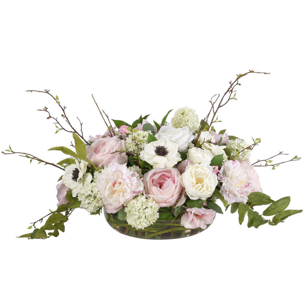 17" Faux Pink & Cream Roses and Anemones in a Glass Bowl - The Well Appointed House