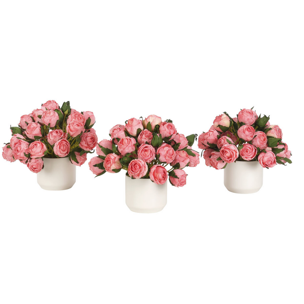 Set of 3 Ceramic Pots Filled With Faux Pink Roses - The Well Appointed House