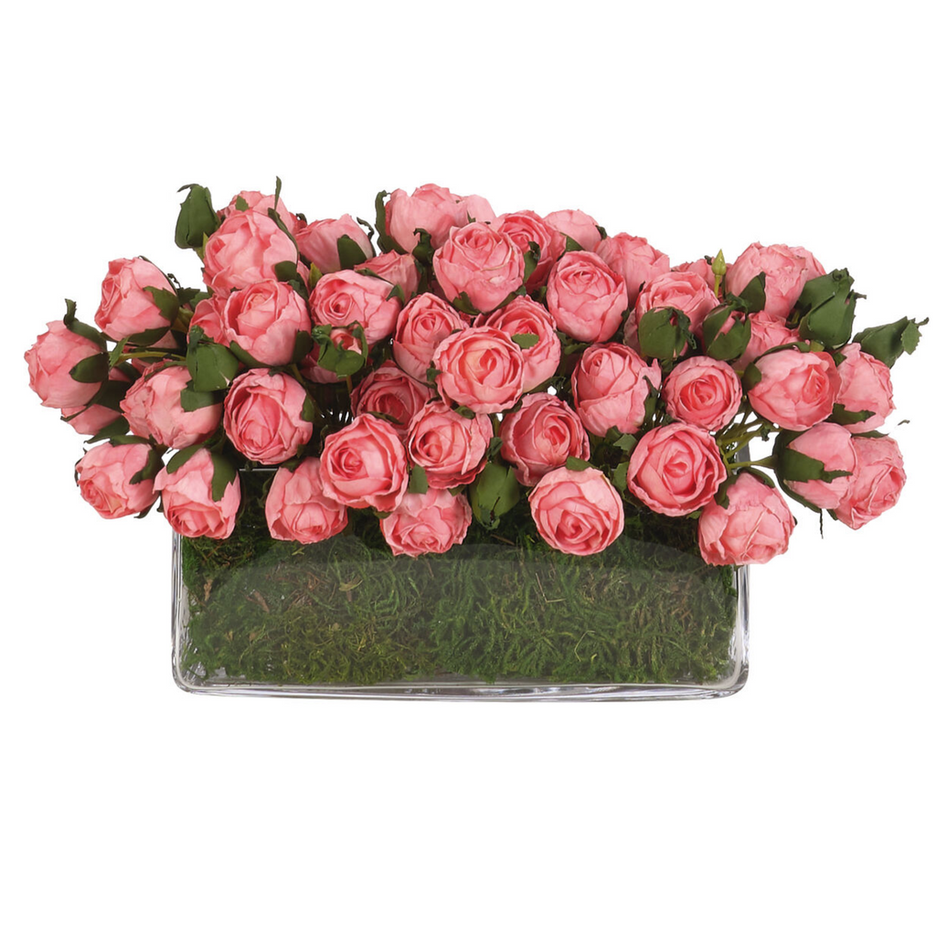 8" Faux Pink Roses With Moss in a Glass Rectangle Vase - The Well Appointed House