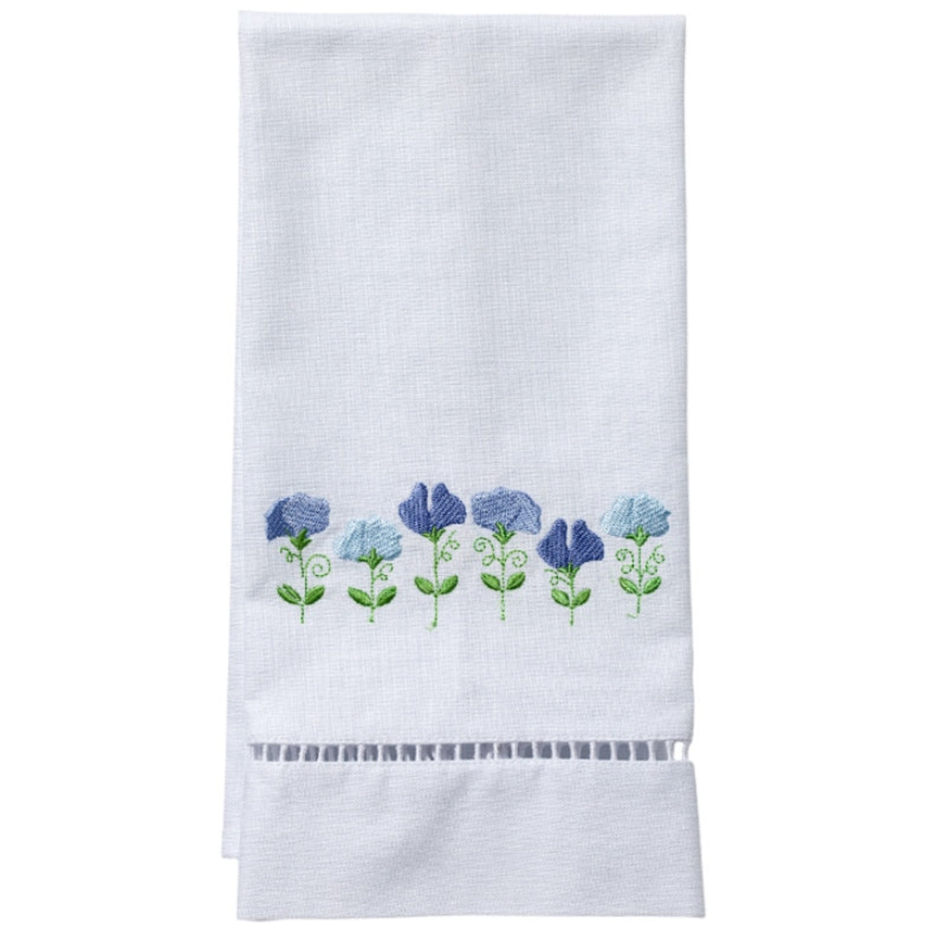 Linen Guest Towel withBlue Sweet Peas Embroidery - The Well Appointed House 