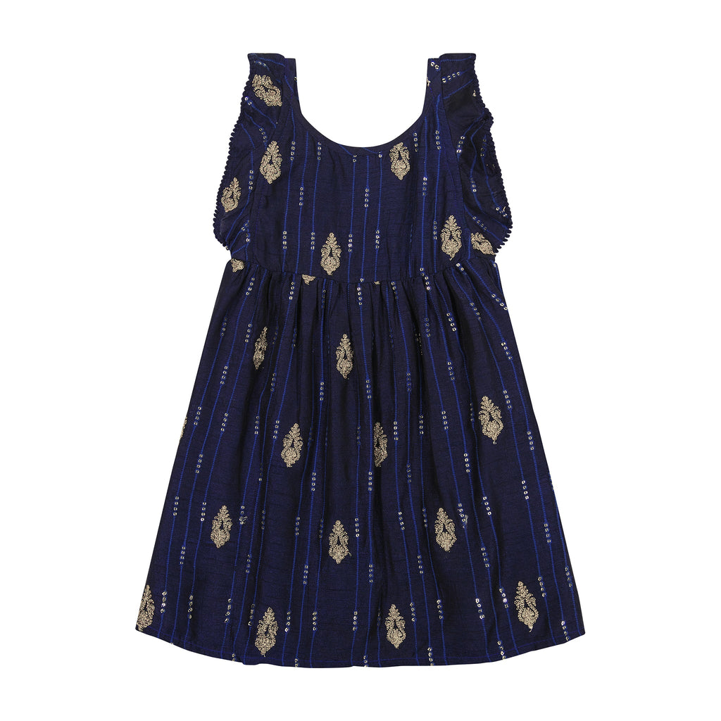 Luxe Daphne Girl's Flutter Sleeve Dress Navy Silk Dupioni - The Well Appointed House