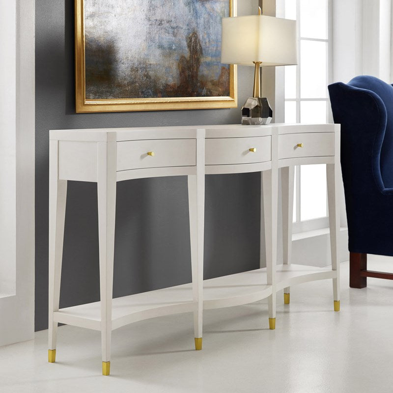 Modern History Three Drawer Serpentine Console Table in White Linen With Polished Brass Accents - Sideboards & Consoles - The Well Appointed House