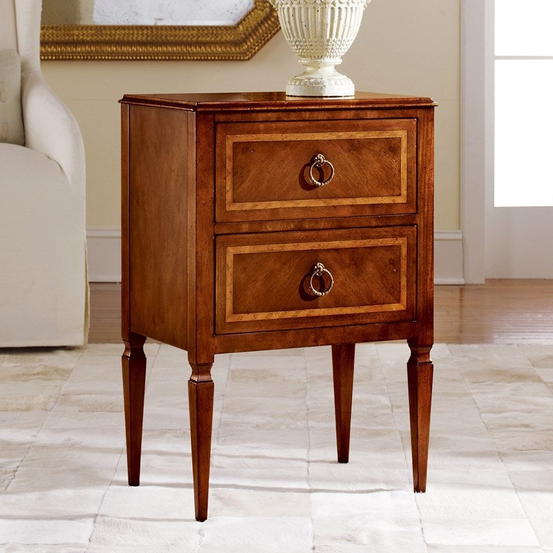 Modern History Small Two Drawer Commode in Walnut with Inlay - Nightstands & Chests - The Well Appointed House