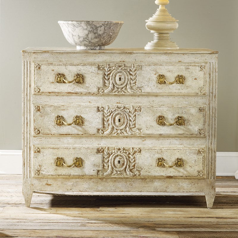 Modern History Carved and Painted Three Drawer Chest = The Well Appointed House