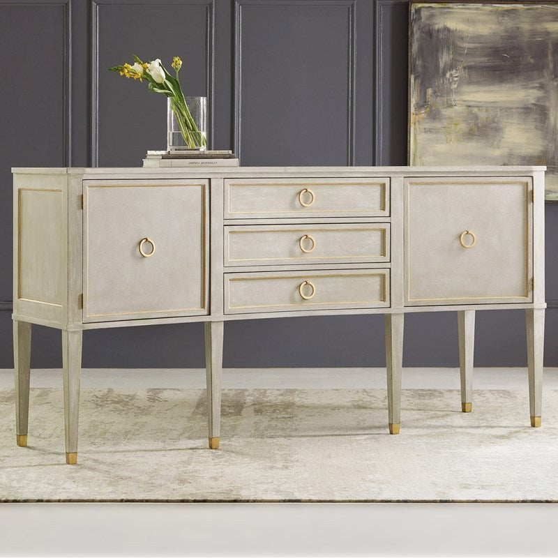 Modern History Painted Antique Grey Concave Buffet with Gold Leaf Accents - The Well Appointed House