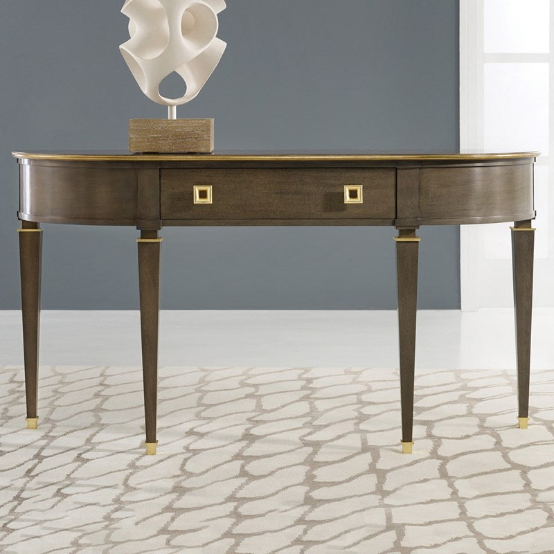 Modern History Eucalyptus Veneer Tribeca Console with Brass Detailing and Gold Leaf Hardware - The Well Appointed House