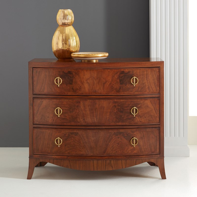 Modern History Medium Mid Tone Walnut Swirl Three Drawer Bowfront Chest with Brass Hardware - The Well Appointed House