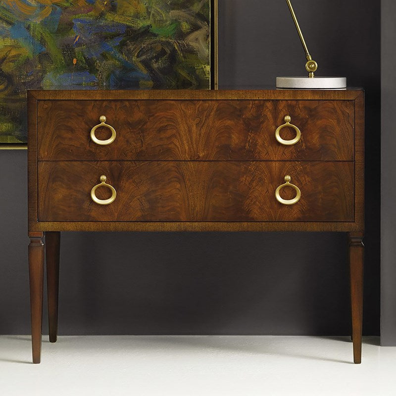 Modern History Two Drawer Feathered Walnut Veneer Avignon Commode with Solid Brass Hardware - Nightstands & Chests - The Well Appointed House