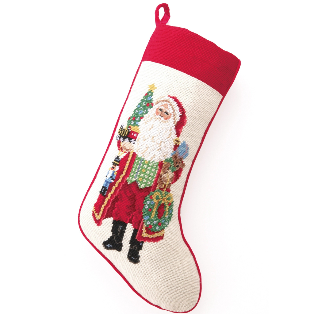 Making Spirits Bright Santa Claus Needlepoint Stocking - The Well Appointed House 