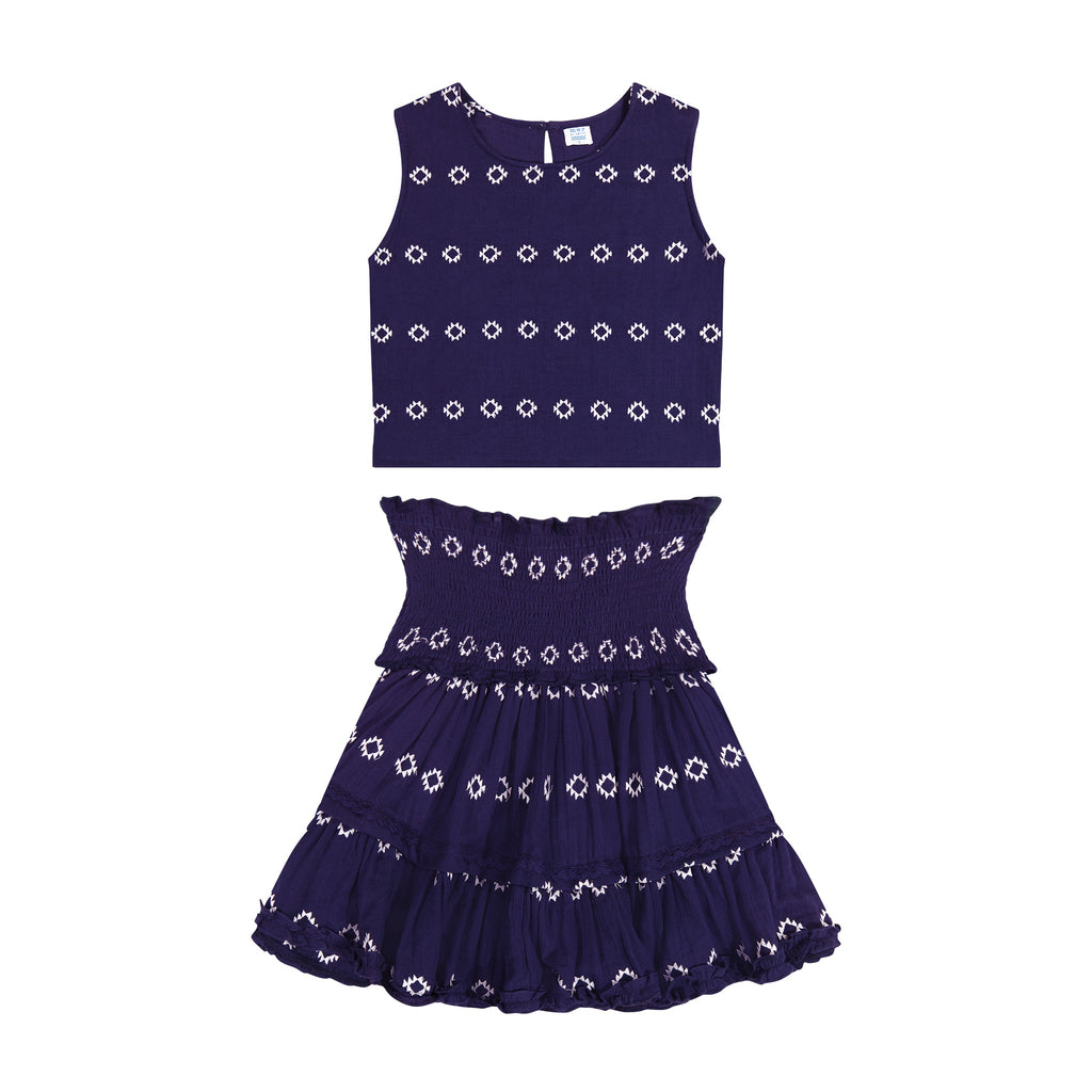 Maribel Cropped Women's Tank and Skirt Set Navy Embroidery - The Well Appointed House