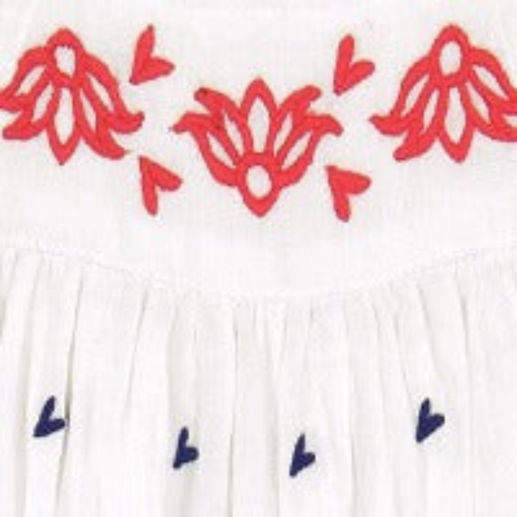 Marley Shoulder Tie Baby Romper Red White Navy Embroidery - The Well Appointed House